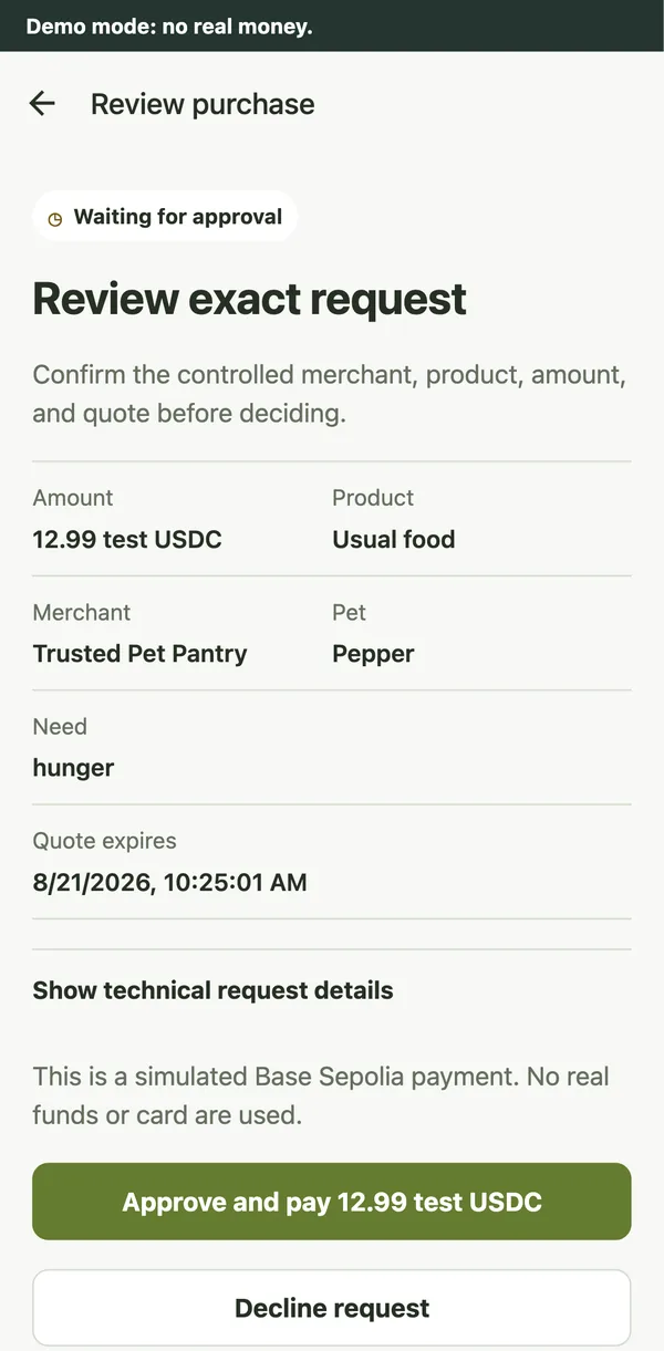 The MeowWa app showing a review screen for Pepper the dog: 12.99 test USDC for the usual food from Trusted Pet Pantry, need marked hunger, a quote expiry, a note that this is a simulated Base Sepolia payment, and buttons to approve and pay or decline.